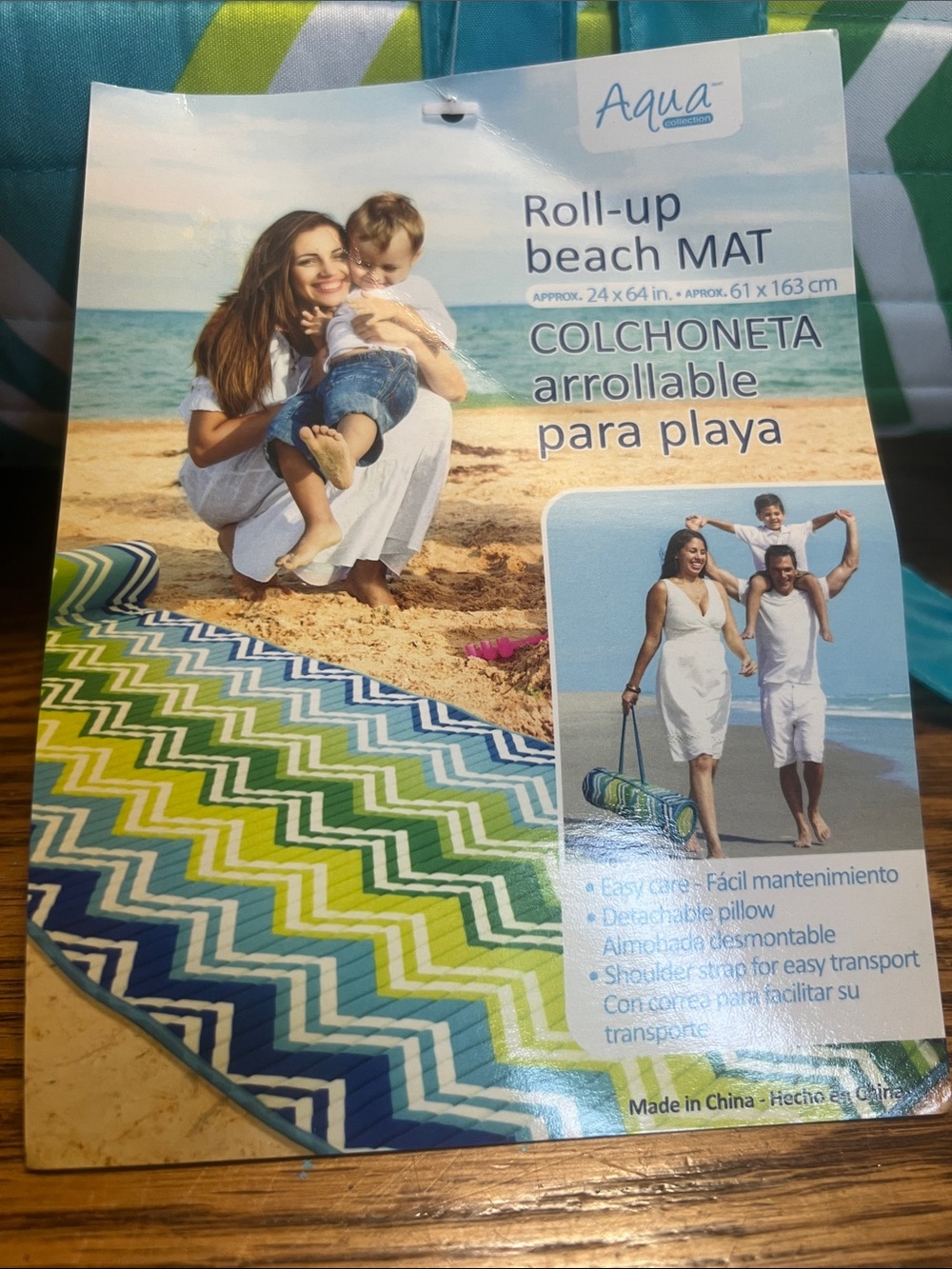 Aqua Chevron Roll-Up Beach Mat in Blue, Green & Yellow